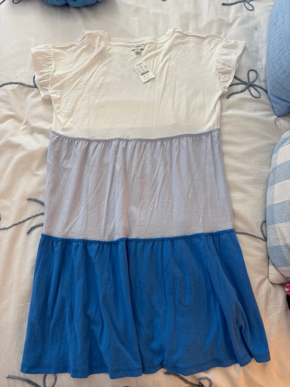 J. Crew White, Light Blue and Royal Blue Colorblock Tiered Dress
